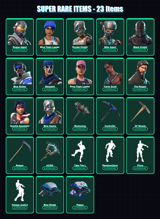 [PC/XBOX] | Rogue Agent | Blue Team Leader | Royale Knight | Elite Agent | Black Knight | 96 skin | 82 pickaxe | 82 emote | 80 glider | Lv944