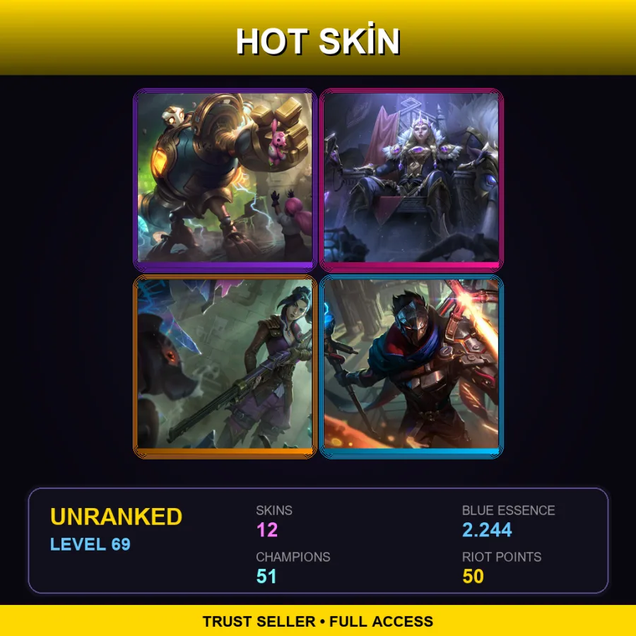 EUW | Lv69 | Unranked | 12 Skin | 51 Champ — LoL account