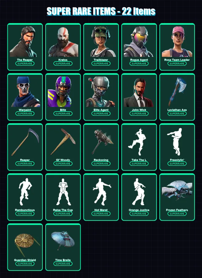 [PC/XBOX/PSN] | The Reaper | Kratos | Trailblazer | Rogue Agent | Rose Team Leader | 364 skin | 227 pickaxe | 198 emote | 164 glider | Lv1678 — Fortnite account