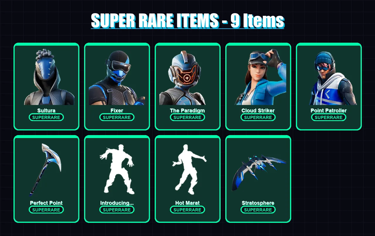[PC/XBOX] | Sultura | Fixer | The Paradigm | Cloud Striker | Point Patroller | 94 skin | 139 pickaxe | 107 emote | 121 glider | Lv1862