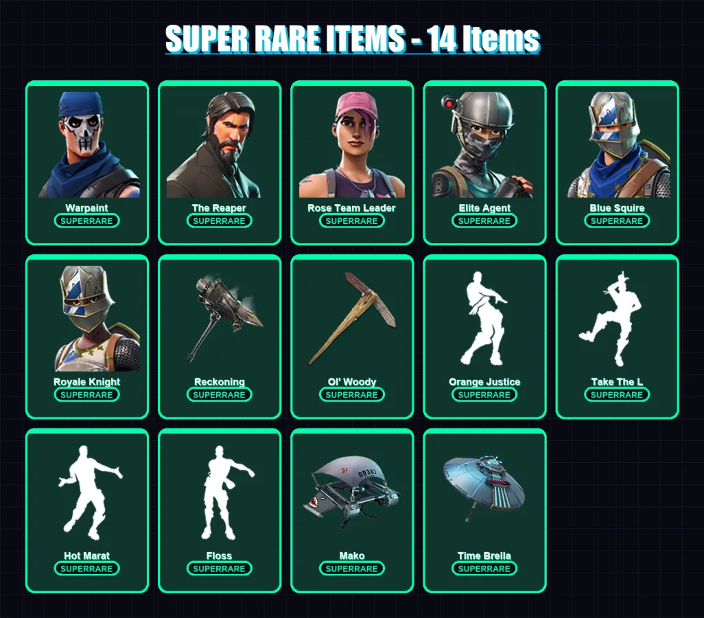 [PC/PSN] | Warpaint | The Reaper | Rose Team Leader | Elite Agent | Blue Squire | 93 skin | 100 pickaxe | 108 emote | 103 glider | Lv1181 — Fortnite account