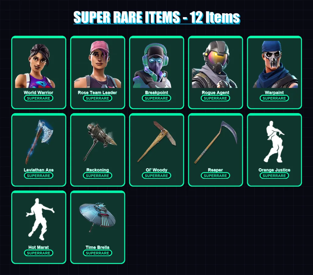 [PS4/PS5/PC] | World Warrior | Rose Team Leader | Breakpoint | Rogue Agent | Warpaint | 224 skin | 205 pickaxe | 176 emote | 166 glider | Lv2575