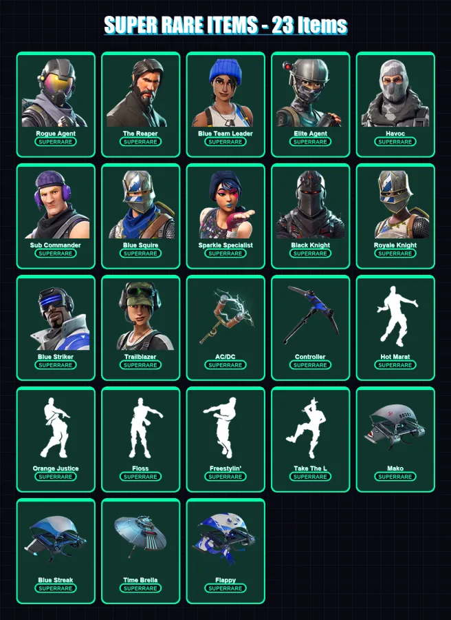 [PS4/PS5/XBOX/PC] | Rogue Agent | The Reaper | Blue Team Leader | Elite Agent | Havoc | 55 skin | 41 pickaxe | 51 emote | 46 glider | Lv760