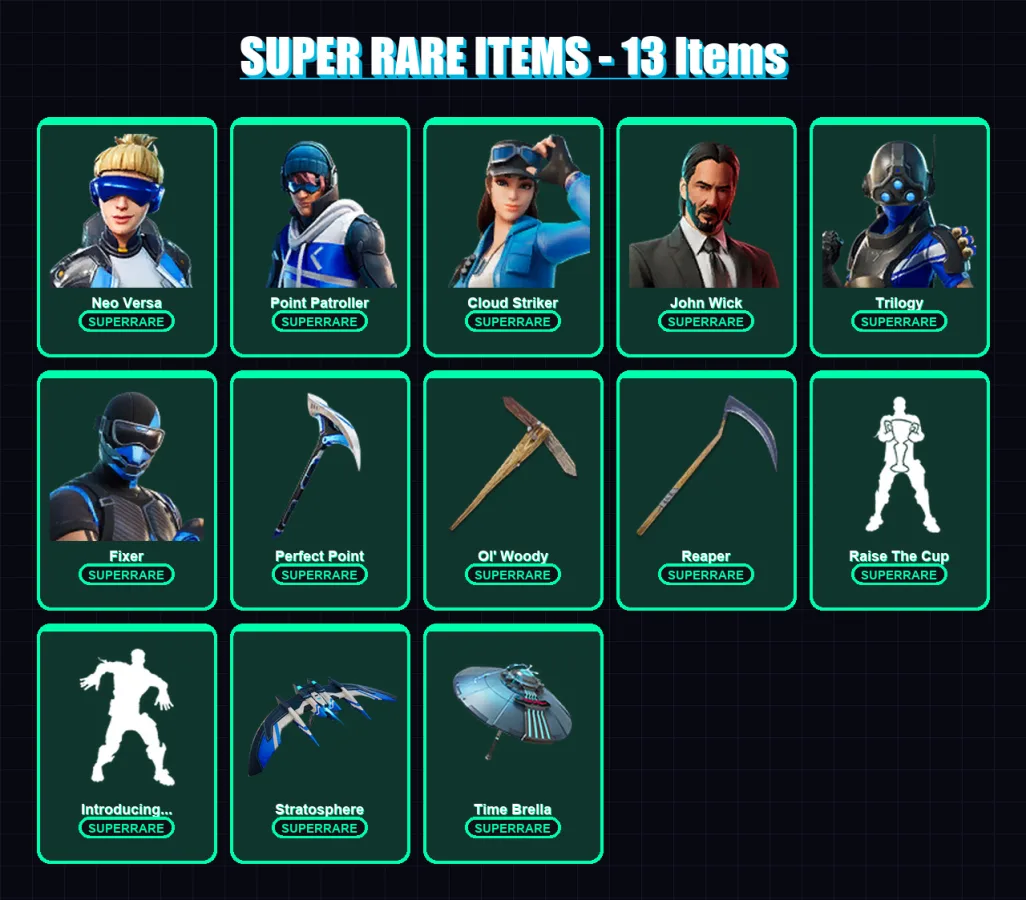 [PC/XBOX] | Neo Versa | Point Patroller | Cloud Striker | John Wick | Trilogy | 181 skin | 179 pickaxe | 137 emote | 133 glider | Lv2042