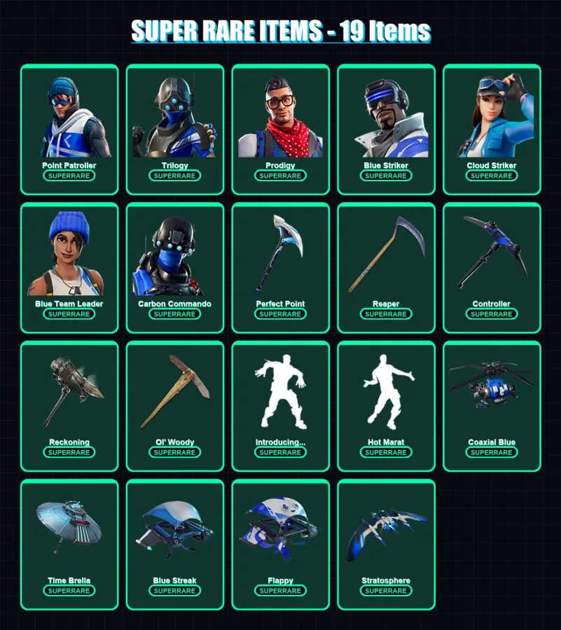 [PC/XBOX/PSN] | Point Patroller | Trilogy | Prodigy | Blue Striker | Cloud Striker | 104 skin | 133 pickaxe | 95 emote | 119 glider | Lv1687
