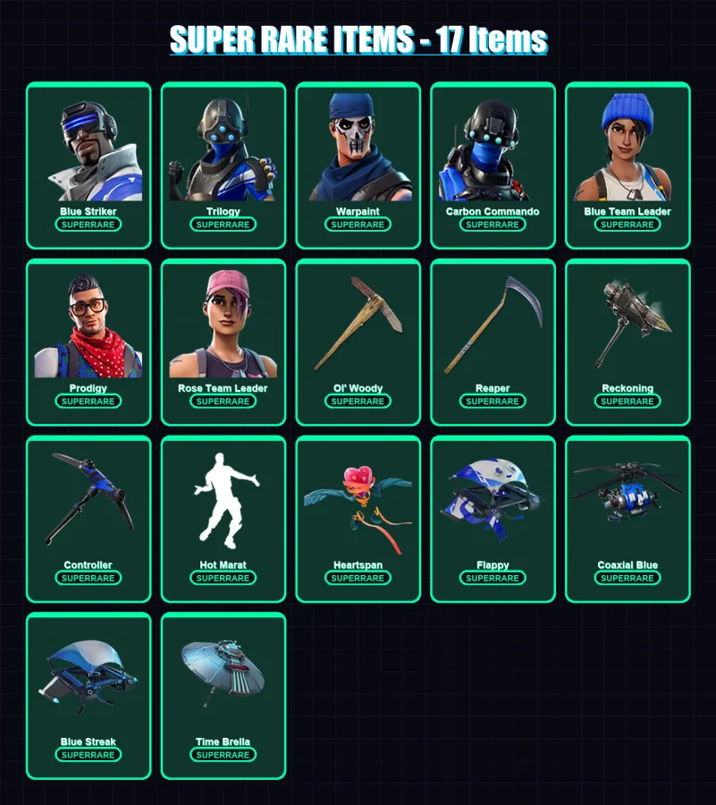 [PC/XBOX/PSN] | Blue Striker | Trilogy | Warpaint | Carbon Commando | Blue Team Leader | 97 skin | 130 pickaxe | 112 emote | 128 glider | Lv1954
