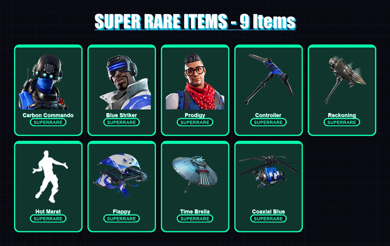 [PC/XBOX] | Carbon Commando | Blue Striker | Prodigy | Fusion | Calamity | 65 skin | 56 pickaxe | 57 emote | 65 glider | Lv902