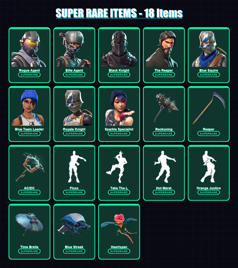 [PC/PSN] | Rogue Agent | Elite Agent | Black Knight | The Reaper | Blue Squire | 94 skin | 120 pickaxe | 114 emote | 122 glider | Lv2079