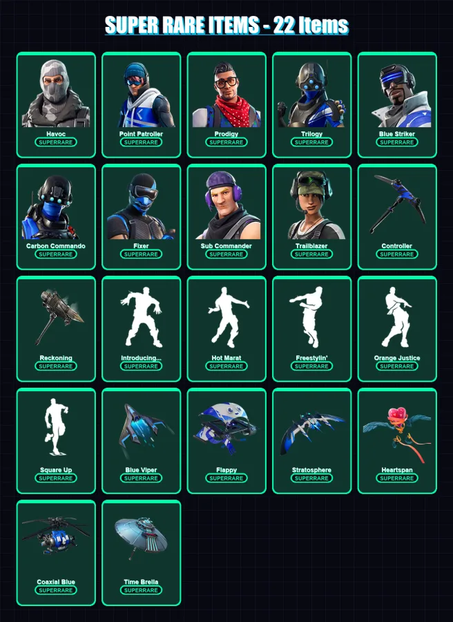 [PS4/PS5/XBOX/PC] | Havoc | Point Patroller | Prodigy | Trilogy | Blue Striker | 103 skin | 96 pickaxe | 91 emote | 98 glider | Lv1256