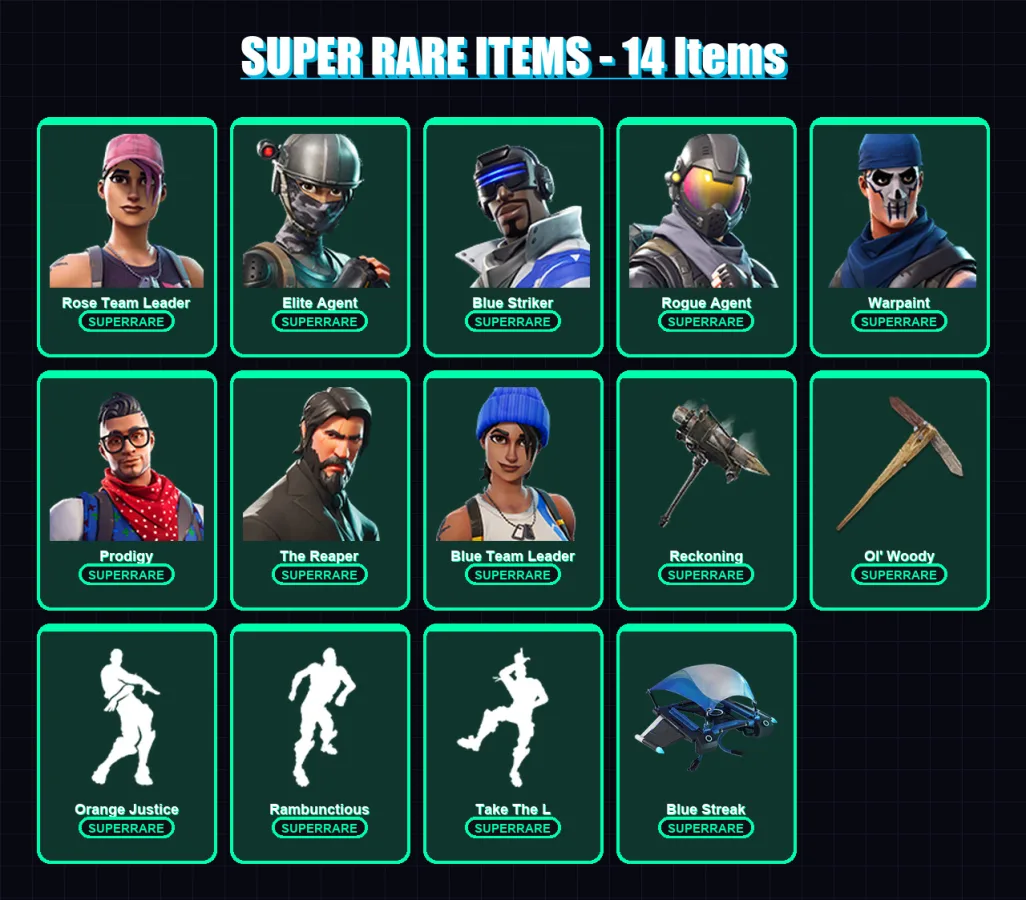 [PS4/PS5/XBOX/PC] | Rose Team Leader | Elite Agent | Blue Striker | Rogue Agent | Warpaint | 50 skin | 32 pickaxe | 42 emote | 33 glider | Lv356