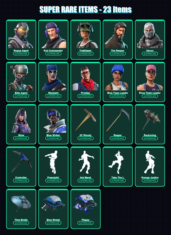 [PS4/PS5/XBOX/PC] | Rogue Agent | Sub Commander | Trailblazer | The Reaper | Havoc | 152 skin | 125 pickaxe | 135 emote | 126 glider | Lv1806