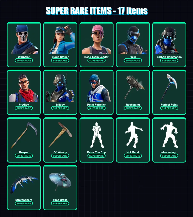 [PS4/PS5/XBOX/PC] | Warpaint | Cloud Striker | Rose Team Leader | Fixer | Carbon Commando | 110 skin | 125 pickaxe | 108 emote | 104 glider | Lv1579