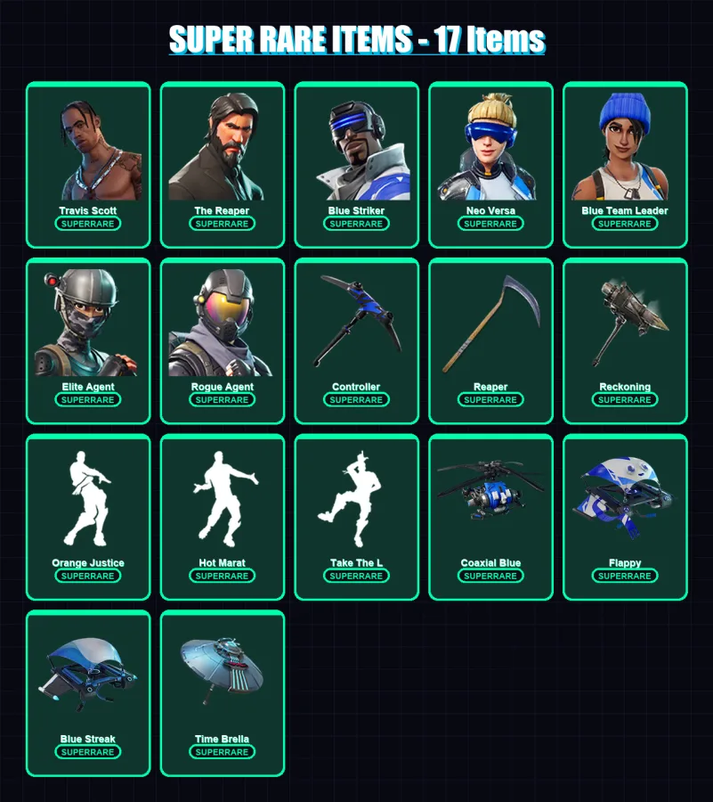 [PS4/PS5/XBOX/PC] | Travis Scott | The Reaper | Blue Striker | Neo Versa | Blue Team Leader | 72 skin | 48 pickaxe | 66 emote | 57 glider | Lv898