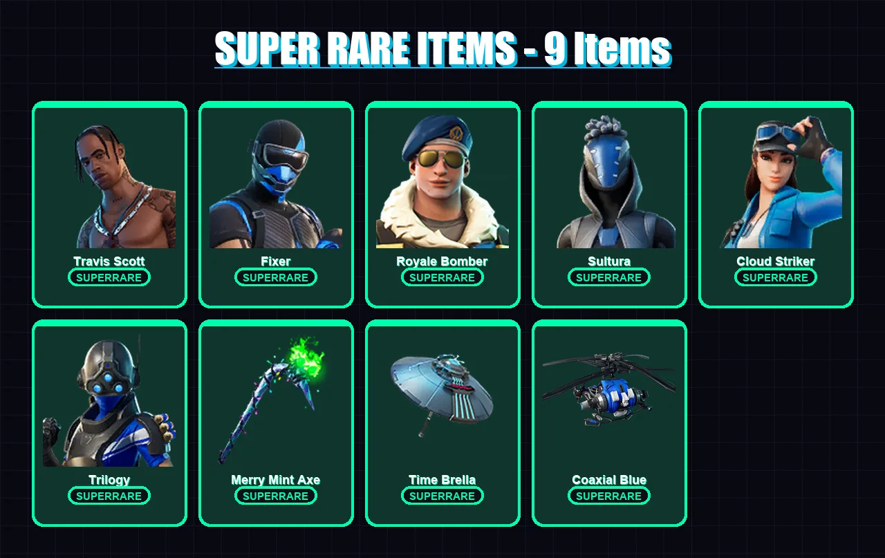 [PS4/PS5/XBOX/PC] | Travis Scott | Fixer | Royale Bomber | Sultura | Cloud Striker | 93 skin | 89 pickaxe | 90 emote | 81 glider | Lv1508