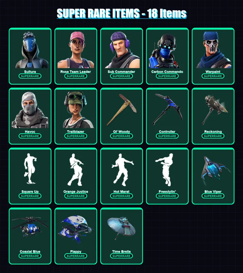 [PS4/PS5/XBOX/PC] | Sultura | Rose Team Leader | Sub Commander | Carbon Commando | Warpaint | 210 skin | 208 pickaxe | 164 emote | 188 glider | Lv25