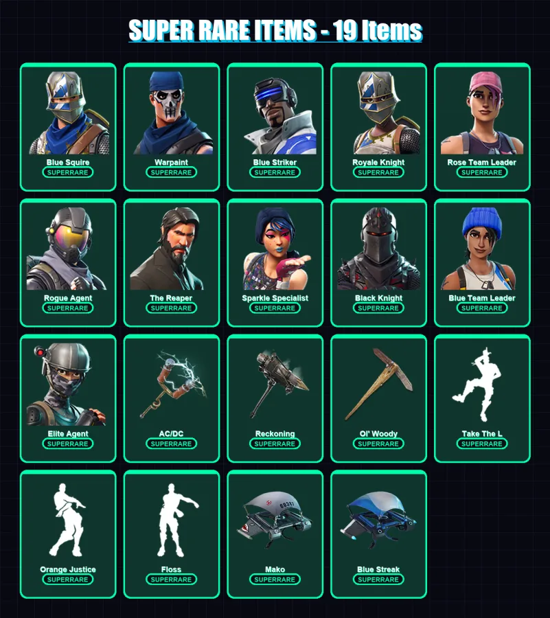 [PS4/PS5/XBOX/PC] | Blue Squire | Warpaint | Blue Striker | Royale Knight | Rose Team Leader | 44 skin | 30 pickaxe | 54 emote | 38 glider | Lv458