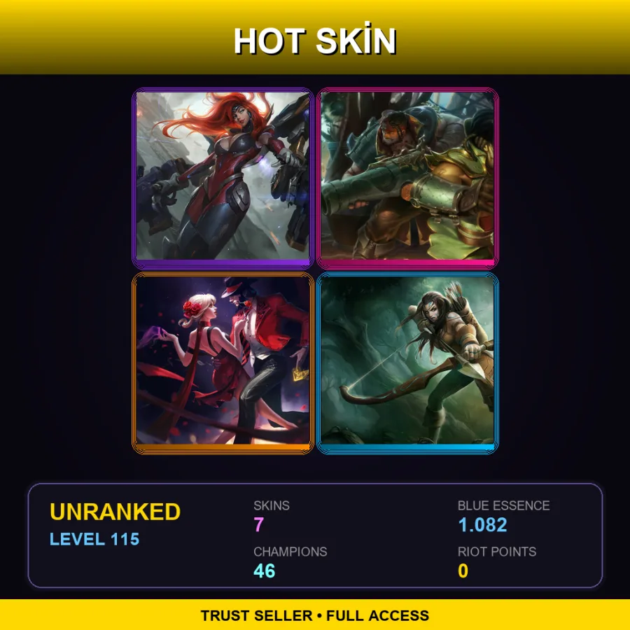 LAS | Gun Goddess Miss Fortune | Cutthroat Graves | Tango Twisted Fate | Woad Ashe | 7 Skin | 46 Champ | Lv115