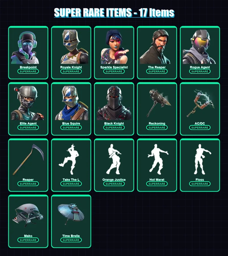 [PC/XBOX] | Breakpoint | Royale Knight | Sparkle Specialist | The Reaper | Rogue Agent | 138 skin | 120 pickaxe | 159 emote | 105 glider | Lv1717