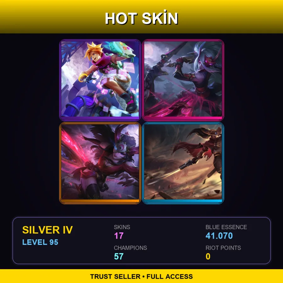 EUNE | Arcade Ezreal | Blood Moon Katarina | Blood Moon Sivir | High Noon Yasuo | 17 Skin | 57 Champ | Silver IV | Lv95