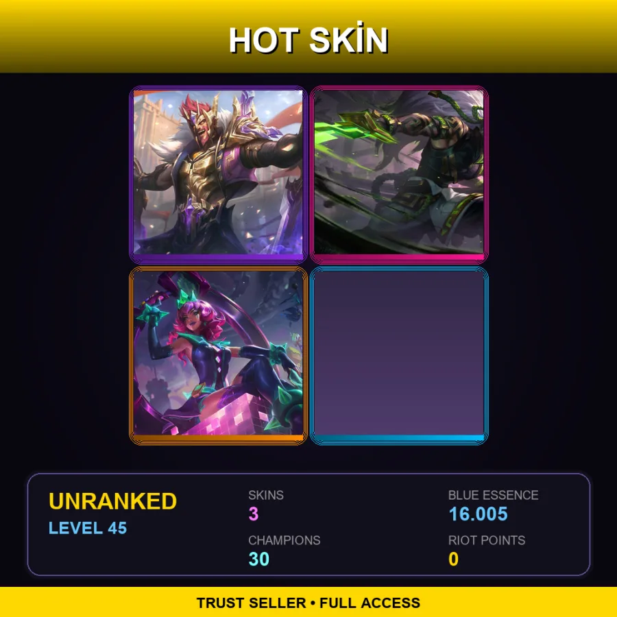LAN | Lv45 | Unranked | 3 Skin | 30 Champ — LoL account