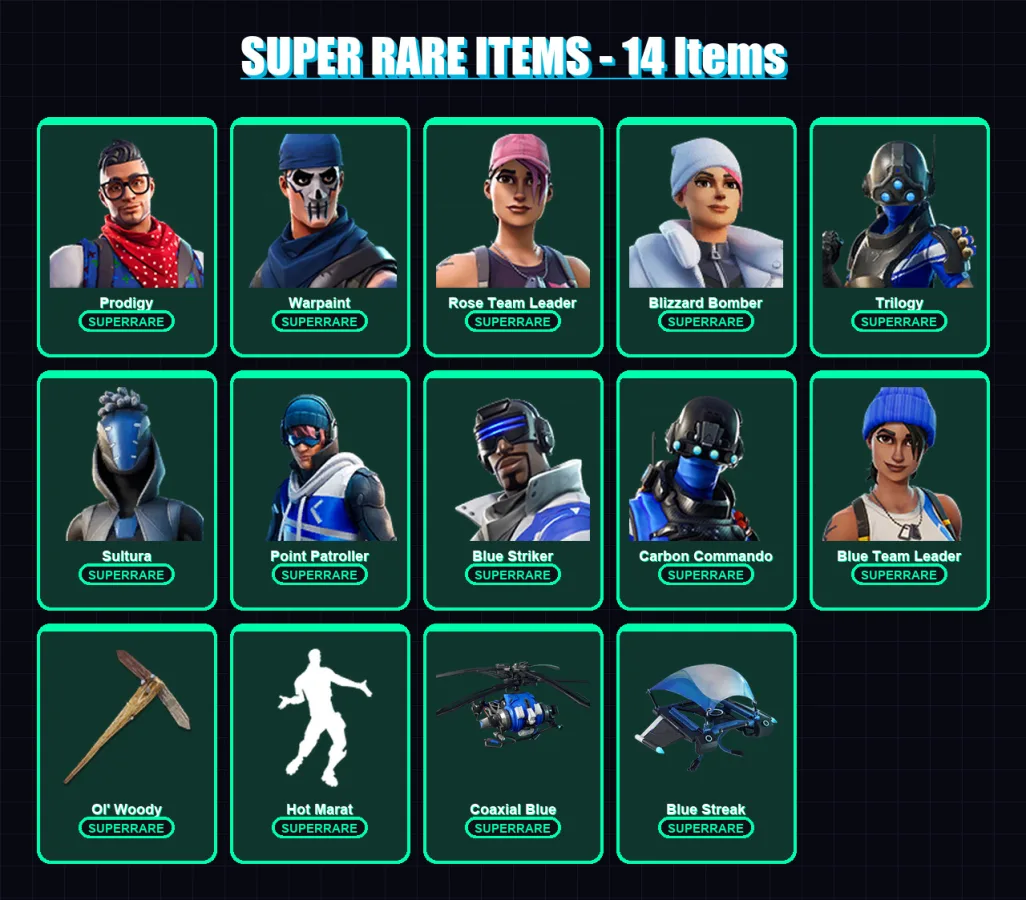 [PS4/PS5/XBOX/PC] | Prodigy | Warpaint | Rose Team Leader | Blizzard Bomber | Trilogy | 63 skin | 92 pickaxe | 87 emote | 93 glider | Lv1241