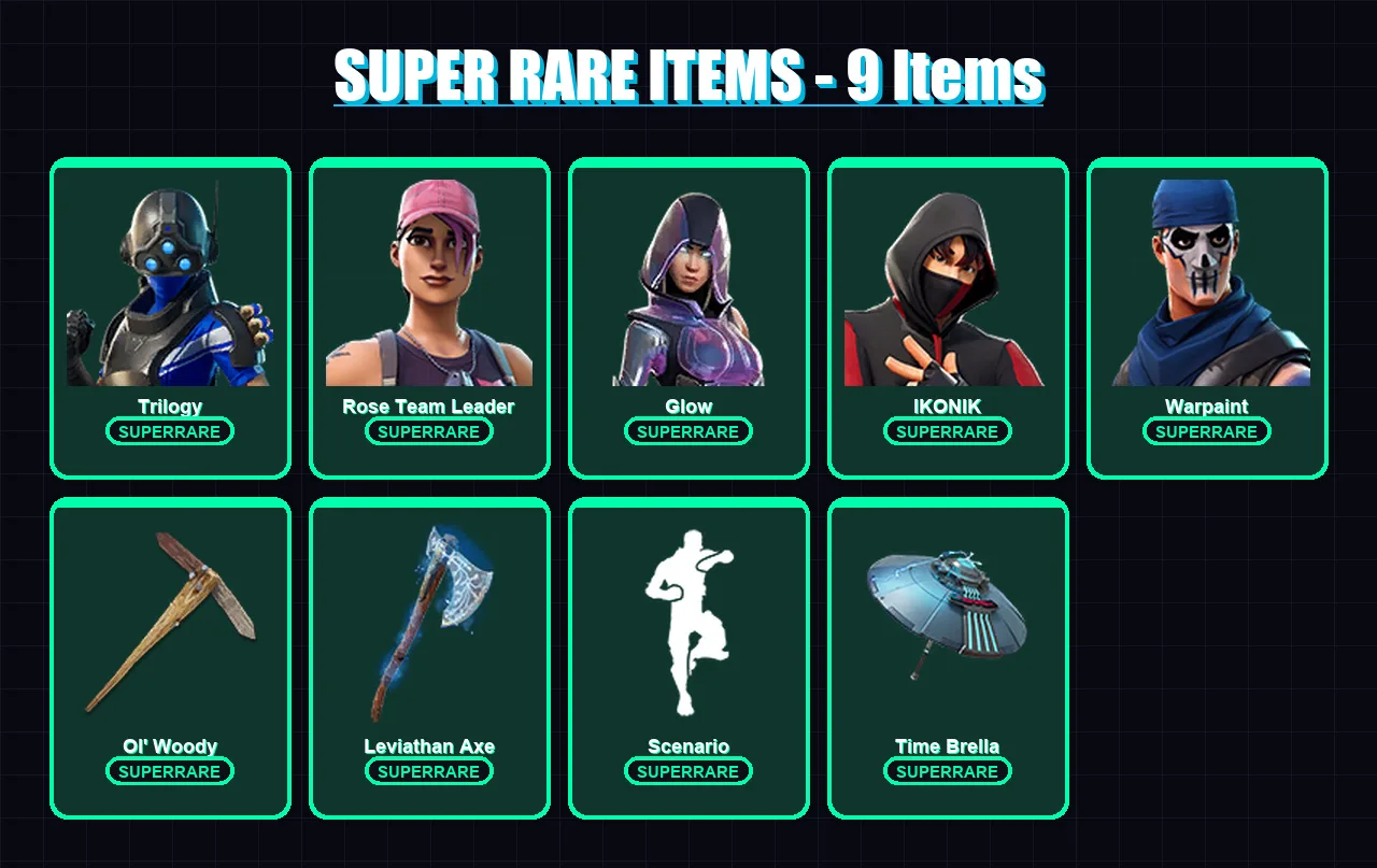 [PC/XBOX/PSN] | Trilogy | Rose Team Leader | Glow | IKONIK | Warpaint | 138 skin | 156 pickaxe | 107 emote | 138 glider | Lv2428