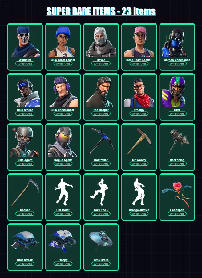 [PS4/PS5/XBOX/PC] | Warpaint | Blue Team Leader | Havoc | Rose Team Leader | Carbon Commando | 89 skin | 82 pickaxe | 80 emote | 90 glider | Lv1401