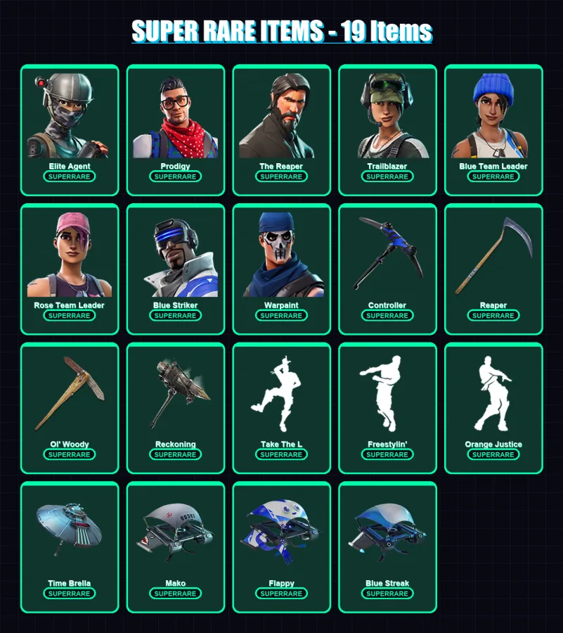 [PS4/PS5/XBOX/PC] | Elite Agent | Prodigy | The Reaper | Trailblazer | Blue Team Leader | 56 skin | 54 pickaxe | 64 emote | 61 glider | Lv790