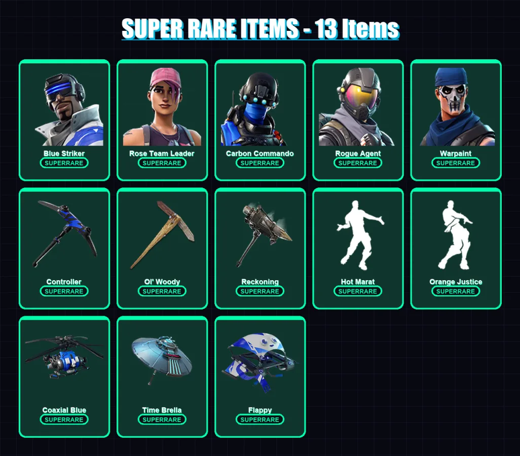 [PC/XBOX] | Blue Striker | Rose Team Leader | Carbon Commando | Rogue Agent | Warpaint | 128 skin | 167 pickaxe | 124 emote | 152 glider | Lv2172
