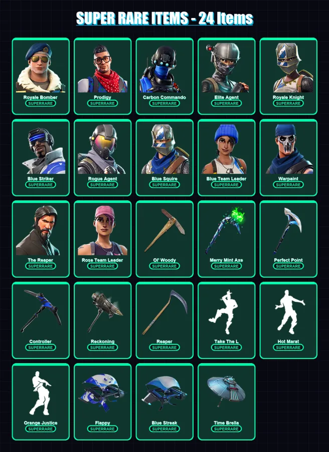 [PS4/PS5/XBOX/PC] | Royale Bomber | Prodigy | Carbon Commando | Elite Agent | Royale Knight | 152 skin | 149 pickaxe | 117 emote | 130 glider | Lv16