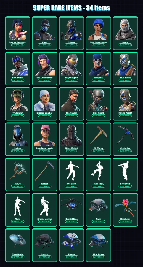 [PS4/PS5/XBOX/PC] | Sparkle Specialist | Fixer | Trilogy | Blue Team Leader | Havoc | 150 skin | 160 pickaxe | 140 emote | 159 glider | Lv1988