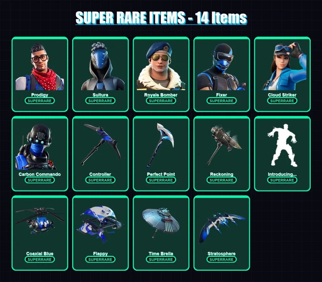 [PS4/PS5/XBOX/PC] | Prodigy | Sultura | Royale Bomber | Fixer | Cloud Striker | 129 skin | 138 pickaxe | 136 emote | 143 glider | Lv2105