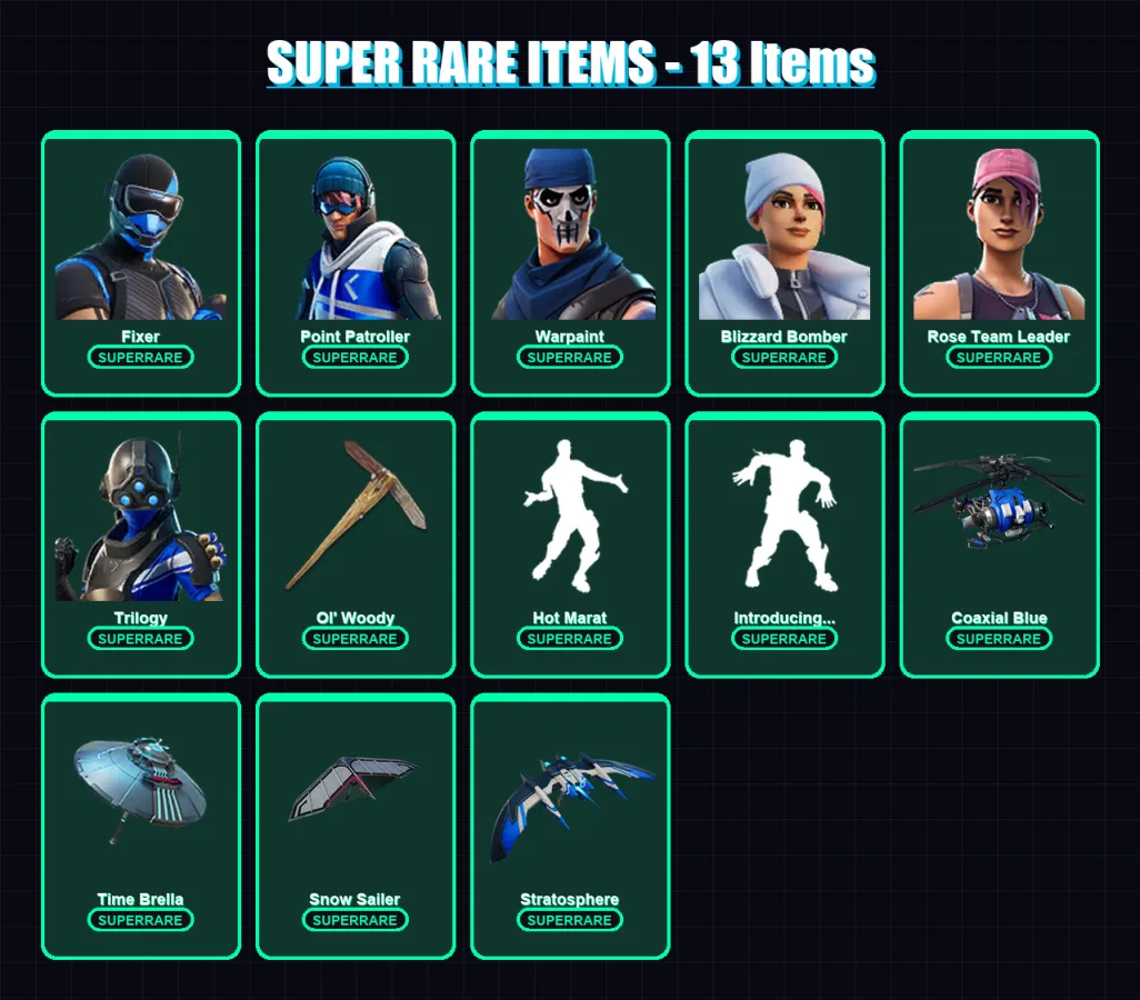 [PS4/PS5/XBOX/PC] | Fixer | Point Patroller | Warpaint | Blizzard Bomber | Rose Team Leader | 81 skin | 85 pickaxe | 73 emote | 96 glider | Lv1055