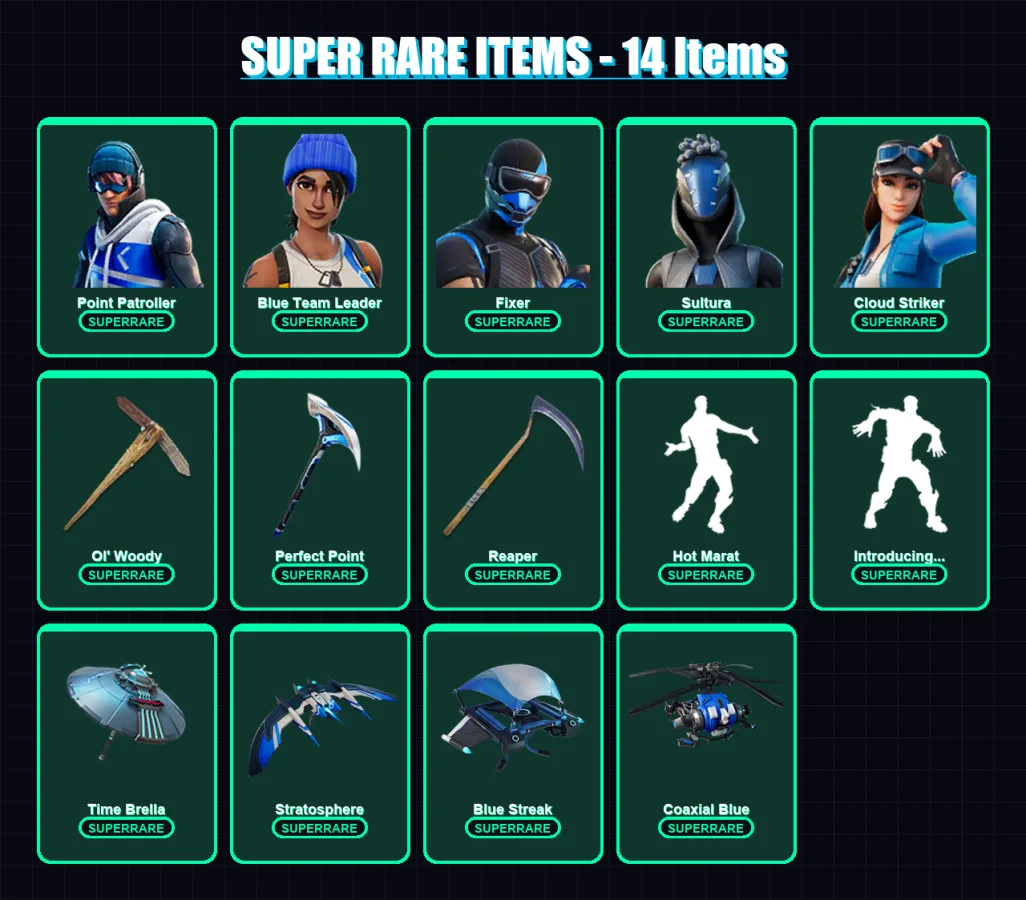 [PC/XBOX/PSN] | Point Patroller | Blue Team Leader | Fixer | Sultura | Cloud Striker | 69 skin | 130 pickaxe | 100 emote | 110 glider | Lv2080
