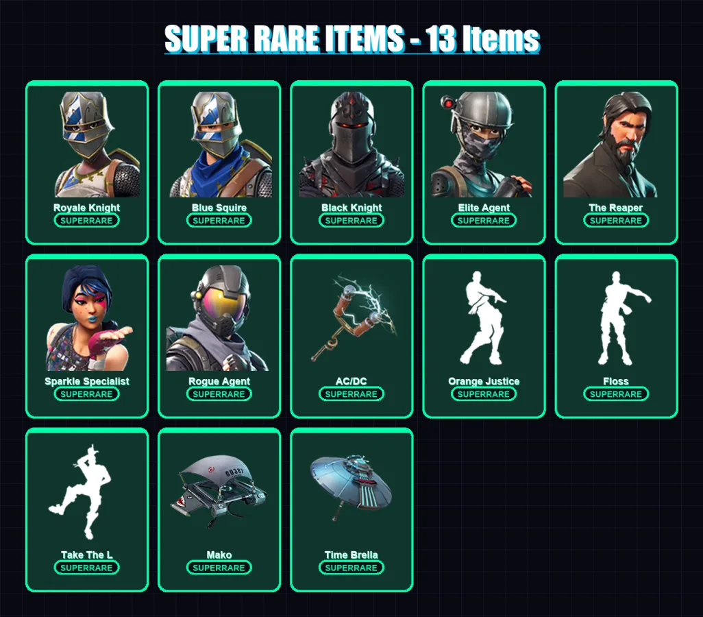 [PS4/PS5/XBOX/PC] | Royale Knight | Blue Squire | Black Knight | Elite Agent | The Reaper | 60 skin | 71 pickaxe | 51 emote | 66 glider | Lv1050