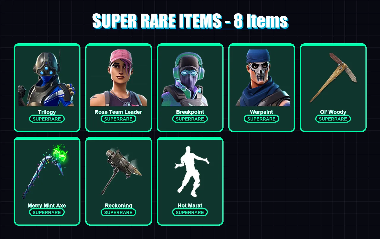 [PC/XBOX/PSN] | Trilogy | Rose Team Leader | Breakpoint | Warpaint | Calamity | 45 skin | 55 pickaxe | 64 emote | 55 glider | Lv712