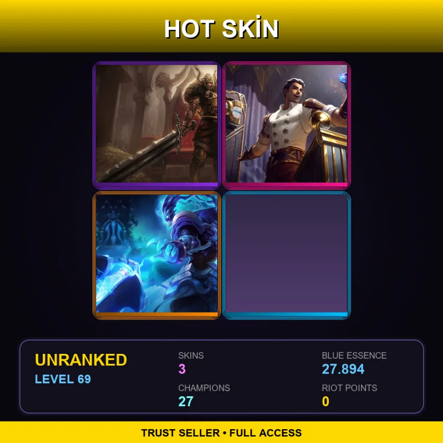 EUW | Lv69 | Unranked | 3 Skin | 27 Champ — LoL account