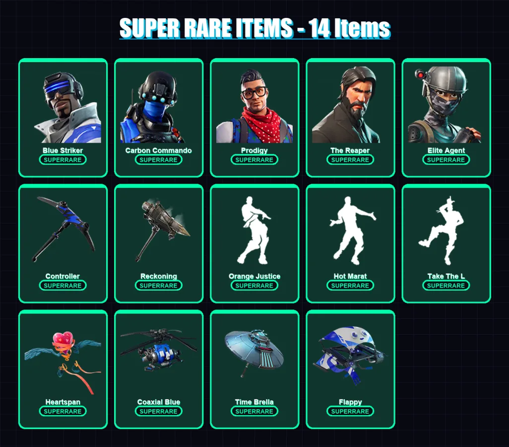 [PS4/PS5/XBOX/PC] | Blue Striker | Carbon Commando | Prodigy | The Reaper | Elite Agent | 111 skin | 87 pickaxe | 102 emote | 102 glider | Lv1229