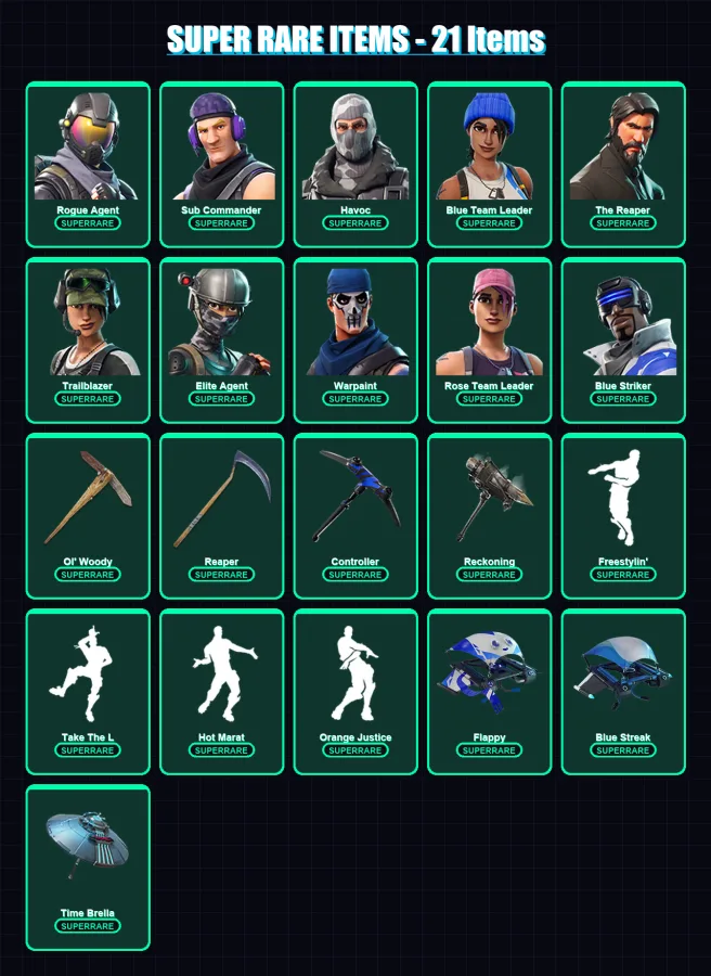 [PS4/PS5/XBOX/PC] | Rogue Agent | Sub Commander | Havoc | Blue Team Leader | The Reaper | 100 skin | 111 pickaxe | 90 emote | 100 glider | Lv1630
