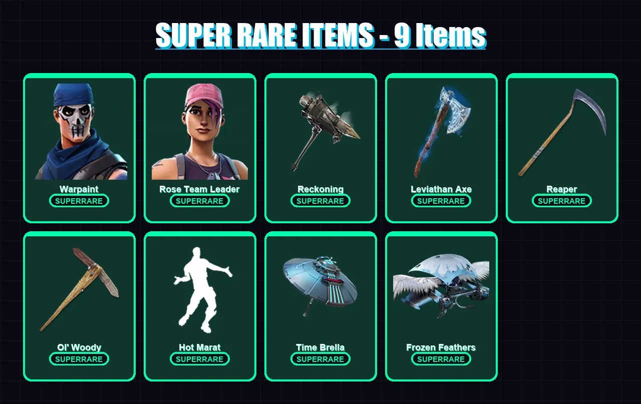 [PC] | Warpaint | Rose Team Leader | Frozen Love Ranger | Spectra Knight | Valeria | 195 skin | 252 pickaxe | 214 emote | 202 glider | Lv3015