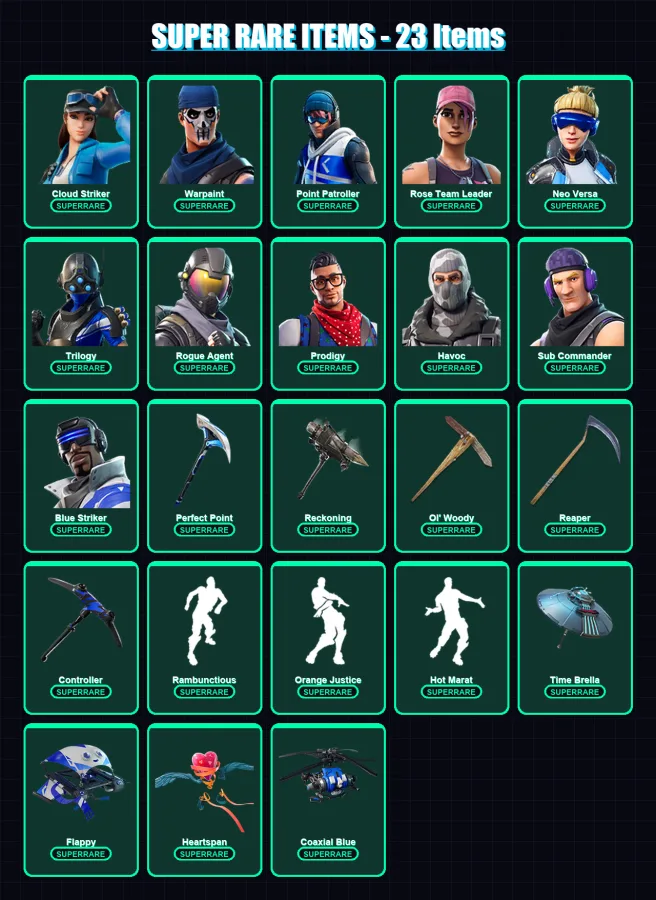 [PC/XBOX/PSN] | Cloud Striker | Warpaint | Point Patroller | Rose Team Leader | Neo Versa | 106 skin | 89 pickaxe | 73 emote | 89 glider | Lv1217