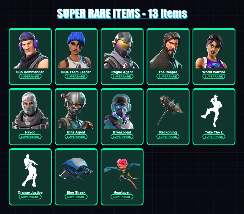 [PS4/PS5/XBOX/PC] | Sub Commander | Blue Team Leader | Rogue Agent | The Reaper | World Warrior | 83 skin | 30 pickaxe | 65 emote | 38 glider | Lv68