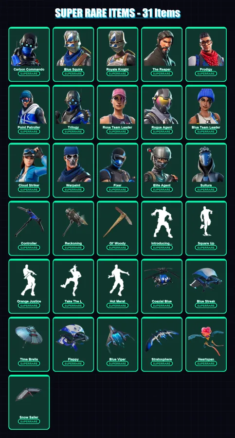 [PS4/PS5/XBOX/PC] | Carbon Commando | Blue Squire | Royale Knight | The Reaper | Prodigy | 202 skin | 229 pickaxe | 169 emote | 148 glider | Lv1636