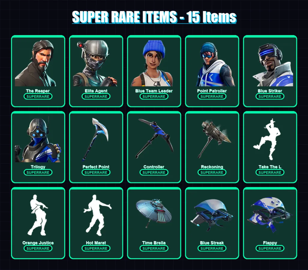 [PC/XBOX] | The Reaper | Elite Agent | Blue Team Leader | Point Patroller | Blue Striker | 102 skin | 125 pickaxe | 118 emote | 125 glider | Lv1707