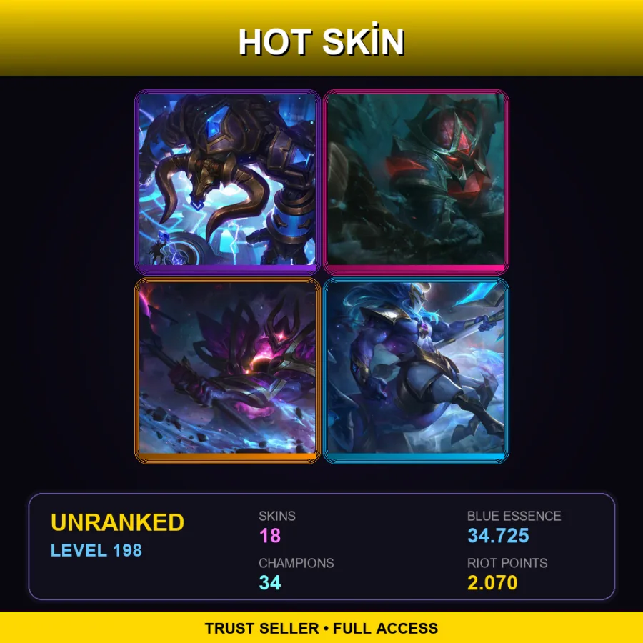 LAN | Lv198 | Unranked | 18 Skin | 34 Champ — LoL account