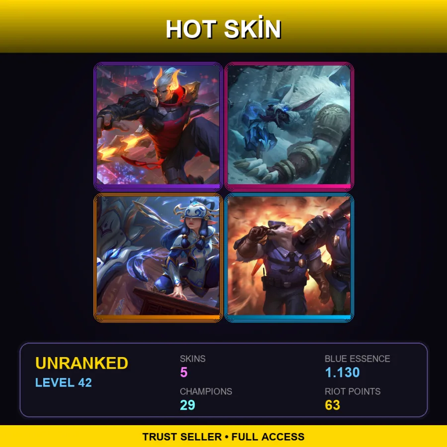 EUW | Lv42 | Unranked | 5 Skin | 29 Champ — LoL account