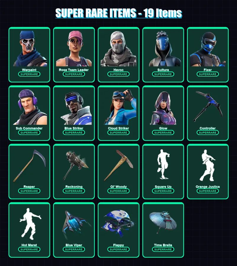 [PC/XBOX/PSN] | Warpaint | Rose Team Leader | Havoc | Sultura | Fixer | 124 skin | 109 pickaxe | 113 emote | 108 glider | Lv1565