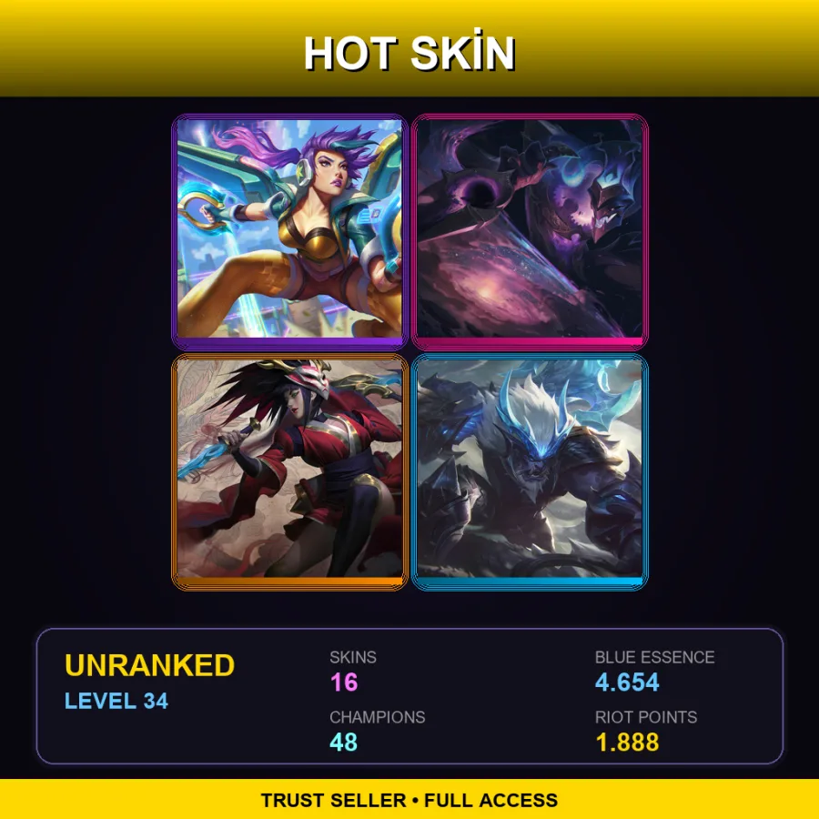 EUW | Arcade Kai'Sa | Dark Star Shaco | Blood Moon Akali | Dragonslayer Trundle | 16 Skin | 48 Champ | Lv34