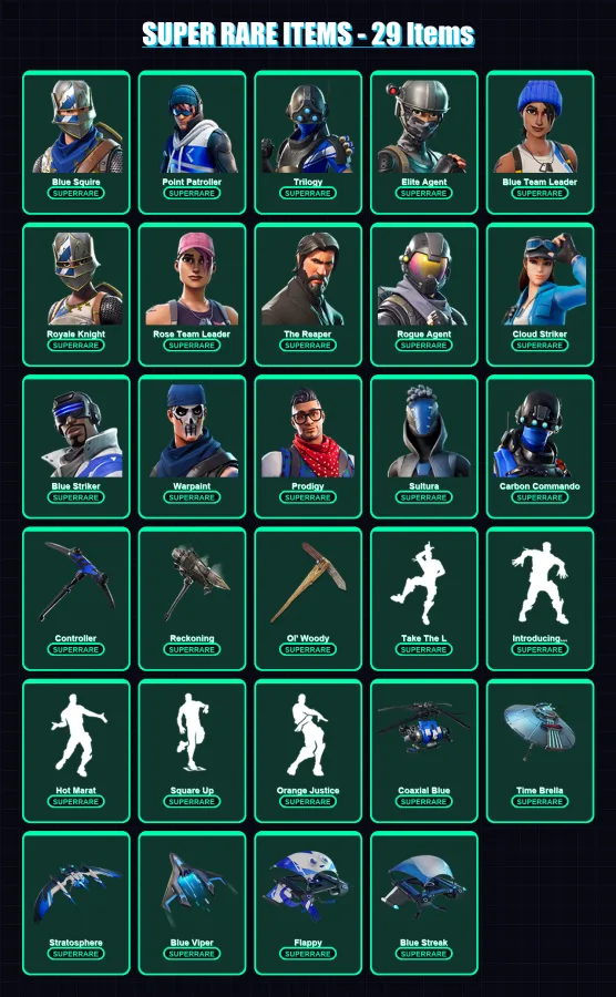 [PC/XBOX/PSN] | Blue Squire | Point Patroller | Trilogy | Elite Agent | Blue Team Leader | 102 skin | 90 pickaxe | 97 emote | 84 glider | Lv1176