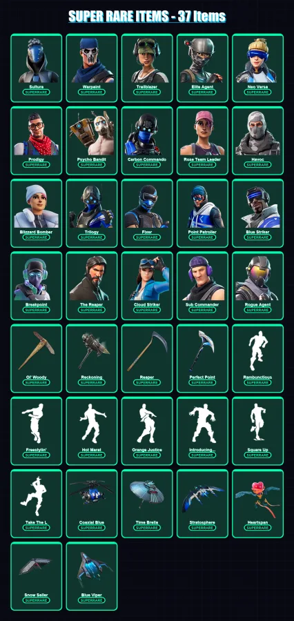[PC] | Sultura | Warpaint | Trailblazer | Elite Agent | Neo Versa | 235 skin | 219 pickaxe | 254 emote | 188 glider | Lv2452